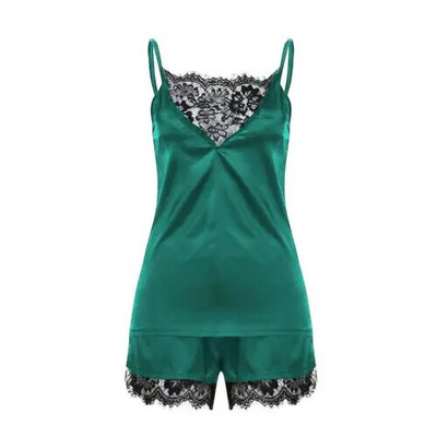 Set de pijamale din satin sexy din dantela pentru femei, top și pantaloni scurți, elegante, fără mâneci, costum de noapte, set de pijamale