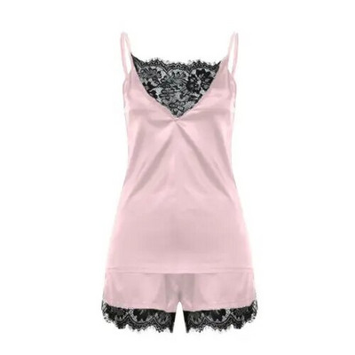 Set de pijamale din satin sexy din dantela pentru femei, top și pantaloni scurți, elegante, fără mâneci, costum de noapte, set de pijamale