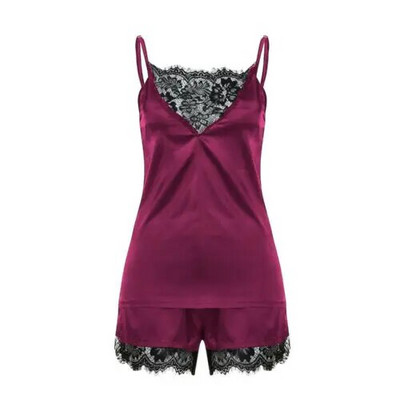 Set de pijamale din satin sexy din dantela pentru femei, top și pantaloni scurți, elegante, fără mâneci, costum de noapte, set de pijamale