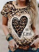 Tricou casual pentru femei de mărime mare, plus leopard, inimă și slogan cu mânecă scurtă, cu gât rotund, tricou în stil occidental stretch mediu