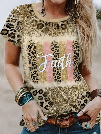 Ежедневна дамска тениска с големи размери, щампа с леопард, сърце и лозунг, къс ръкав и кръгло деколте, средно разтеглива тениска в западен стил