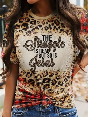 Ежедневна дамска тениска с големи размери, щампа с леопард, сърце и лозунг, къс ръкав и кръгло деколте, средно разтеглива тениска в западен стил
