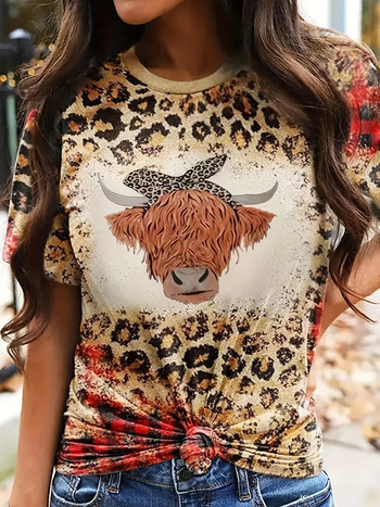 Γυναικείο μπλουζάκι casual σε μεγάλο μέγεθος, μπλουζάκι με κοντό μανίκι με στρογγυλή λαιμόκοψη με λεοπάρ & καρδιά & σλόγκαν