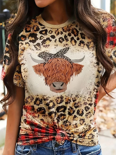 Tricou casual pentru femei de mărime mare, plus leopard, inimă și slogan cu mânecă scurtă, cu gât rotund, tricou în stil occidental stretch mediu