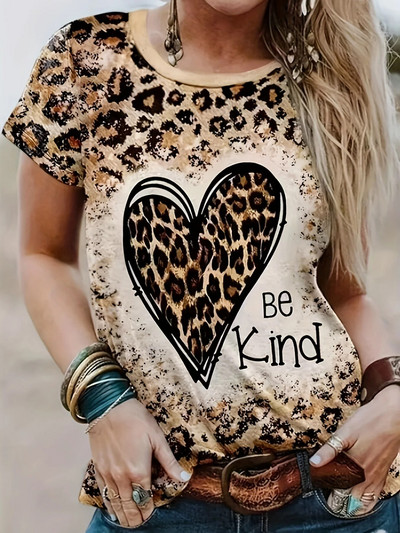 Tricou casual pentru femei de mărime mare, plus leopard, inimă și slogan cu mânecă scurtă, cu gât rotund, tricou în stil occidental stretch mediu