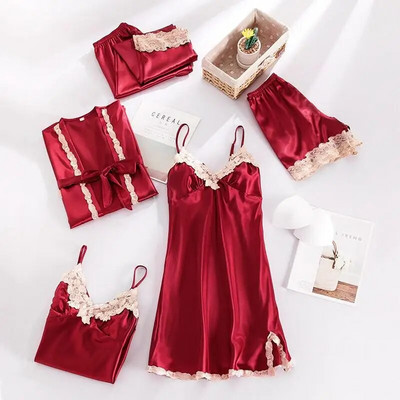 5PCS Odjeća za spavanje Odijelo za spavanje Seksi ženske čipkaste pidžame Kompleti satenskih pidžama s V-izrezom Intimno donje rublje Proljetna spavaćica Kućna odjeća PJS