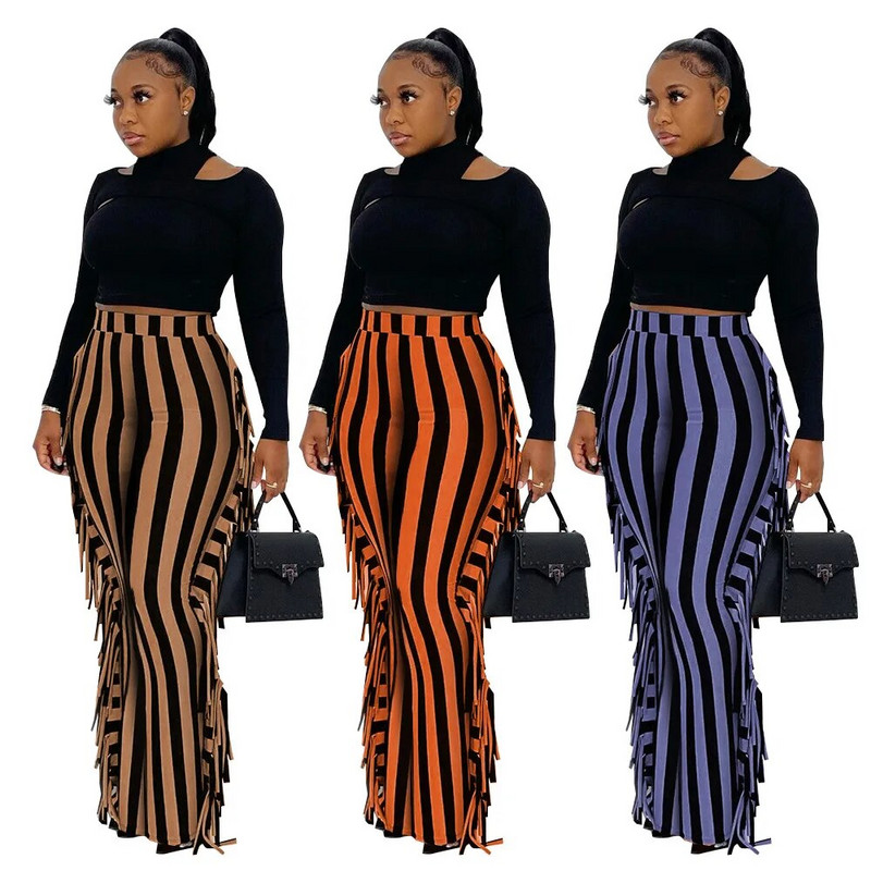 Nagy méretű női rojtos nadrág csíkos mintás nadrág 2022 őszi női elegáns ceruzanadrág Női téli alkalmi tervező nadrág