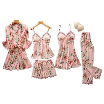 Розови комплекти пижами Дамски панталони с презрамки Пижама Костюм Пролет Есен Домашно облекло Нощно облекло Кимоно Халат Рокля за баня M-XXL