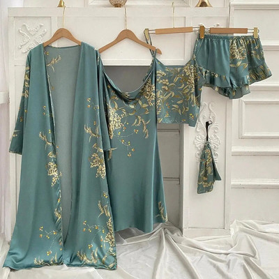 Haljina s ogrtačem s printom Ljeto Komplet pidžama od 4 komada Ženski seksi kimono Top i kratke hlače za spavanje Satenska kućna odjeća Ogrtač Spavaćica