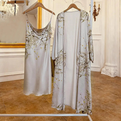 Haljina s ogrtačem s printom Ljeto Komplet pidžama od 4 komada Ženski seksi kimono Top i kratke hlače za spavanje Satenska kućna odjeća Ogrtač Spavaćica