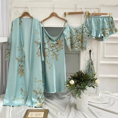 Haljina s ogrtačem s printom Ljeto Komplet pidžama od 4 komada Ženski seksi kimono Top i kratke hlače za spavanje Satenska kućna odjeća Ogrtač Spavaćica