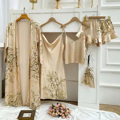 Haljina s ogrtačem s printom Ljeto Komplet pidžama od 4 komada Ženski seksi kimono Top i kratke hlače za spavanje Satenska kućna odjeća Ogrtač Spavaćica