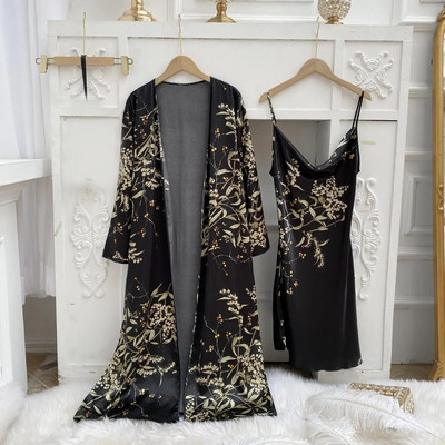 Haljina s ogrtačem s printom Ljeto Komplet pidžama od 4 komada Ženski seksi kimono Top i kratke hlače za spavanje Satenska kućna odjeća Ogrtač Spavaćica