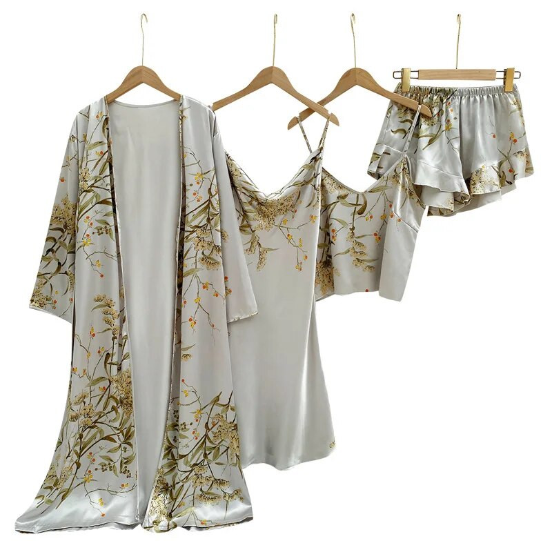 Haljina s ogrtačem s printom Ljeto Komplet pidžama od 4 komada Ženski seksi kimono Top i kratke hlače za spavanje Satenska kućna odjeća Ogrtač Spavaćica