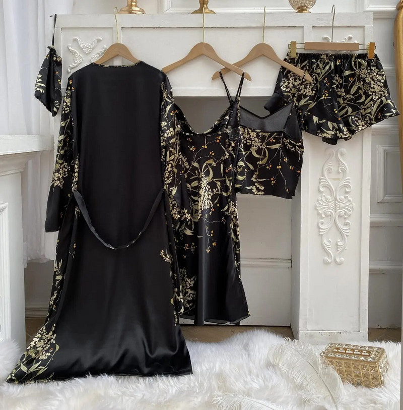 Haljina s ogrtačem s printom Ljeto Komplet pidžama od 4 komada Ženski seksi kimono Top i kratke hlače za spavanje Satenska kućna odjeća Ogrtač Spavaćica