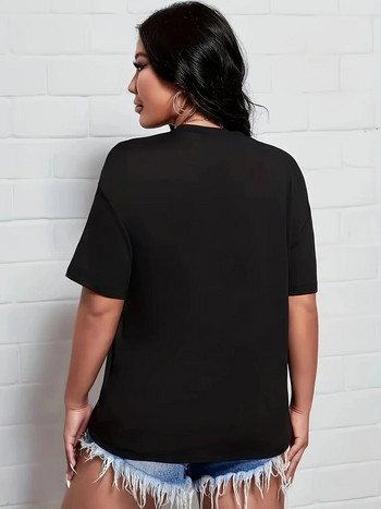 Дамска памучна тениска с големи размери Улична черна спортна долна риза Голяма дамска тениска с обло деколте 200 кг. Специална дамска тениска