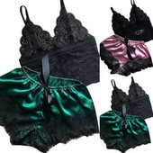 Set de pijama sexy pentru femeie, cu dantelă albă, cu decolteu în V, cu mâneci, top și pantaloni scurți, pijama moale din dantelă.
