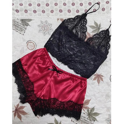 Set de pijama sexy pentru femeie, cu dantelă albă, cu decolteu în V, cu mâneci, top și pantaloni scurți, pijama moale din dantelă.