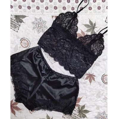 Set de pijama sexy pentru femeie, cu dantelă albă, cu decolteu în V, cu mâneci, top și pantaloni scurți, pijama moale din dantelă.