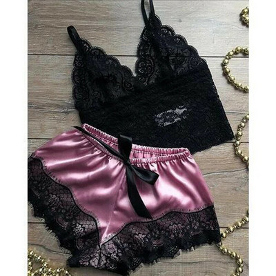 Set de pijama sexy pentru femeie, cu dantelă albă, cu decolteu în V, cu mâneci, top și pantaloni scurți, pijama moale din dantelă.