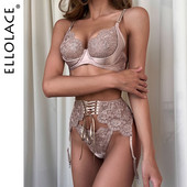 Ellolace Fancy Lenjerie Broderie florală Lenjerie de corp din satin Seturi erotice delicate Articole intime sexy Sissy See Through Outfit