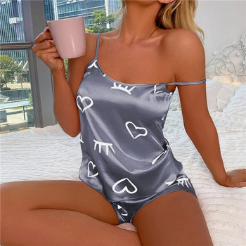 Моден секси пижамен комплект Дамски пижами с принт на любовни сърца от 2 части Пижами от копринен сатен Cami Горнище Къси пижами Комплект за жени