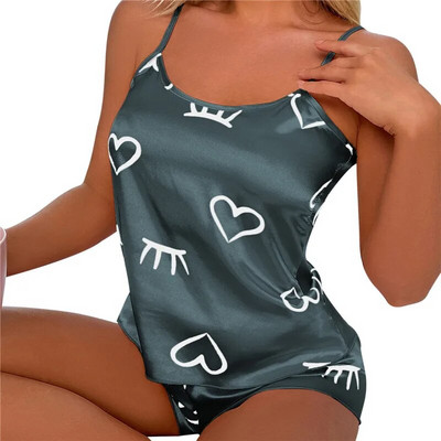 Set de pijamale sexy la modă, 2 bucăți, pentru femei, pijamale cu imprimeu cu inimă, pijamale din satin de mătase, pantaloni scurți, set de pijamale pentru femei