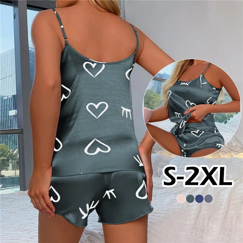 Madingas seksualus pižamų rinkinys Moteriškas 2 dalių Love Heart Print Miego drabužiai pižamos Šilko satino Cami Top šortų pižamų rinkinys moterims