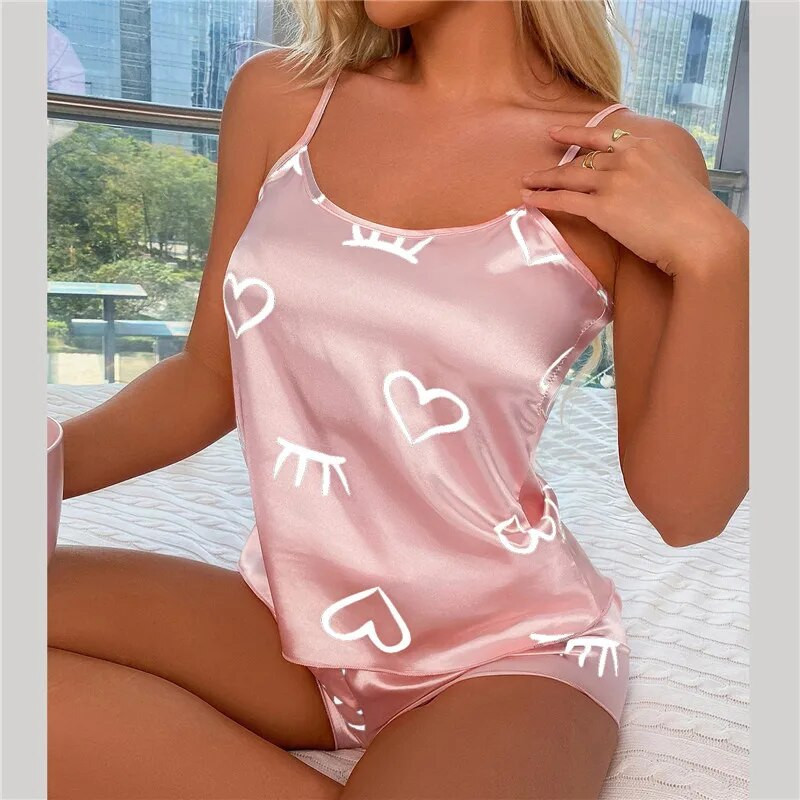 Madingas seksualus pižamų rinkinys Moteriškas 2 dalių Love Heart Print Miego drabužiai pižamos Šilko satino Cami Top šortų pižamų rinkinys moterims