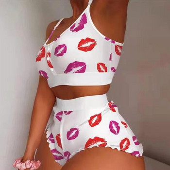 Бански Дамски комплект от 2 части Моден ягодов принт Дантелена прашка Комплект от две части Домашни дрехи Сладка пижама