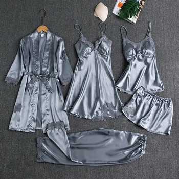 M-2XL Големи размери Дамски летни комплекти пижами от пет части Секси рокля с нощница без гръб, пижама с цветя, щампа, плътна рокля за сън
