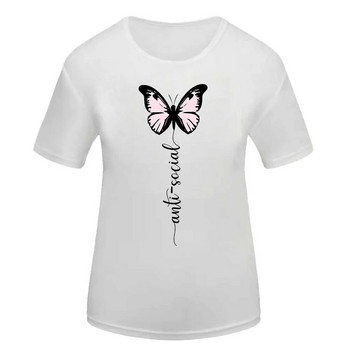 Дамска тениска с големи размери Свободно горнище с щампа на анимационни пеперуди, кръгло деколте, къси ръкави, модна ежедневна долна риза, горнище