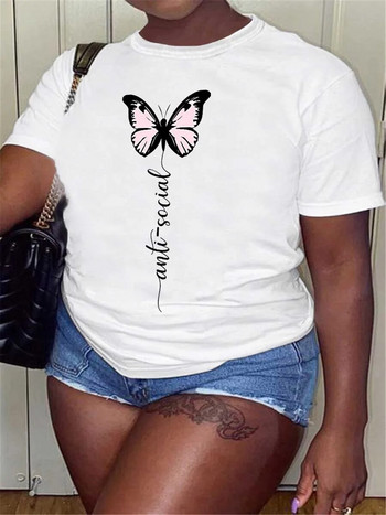 Дамска тениска с големи размери Свободно горнище с щампа на анимационни пеперуди, кръгло деколте, къси ръкави, модна ежедневна долна риза, горнище