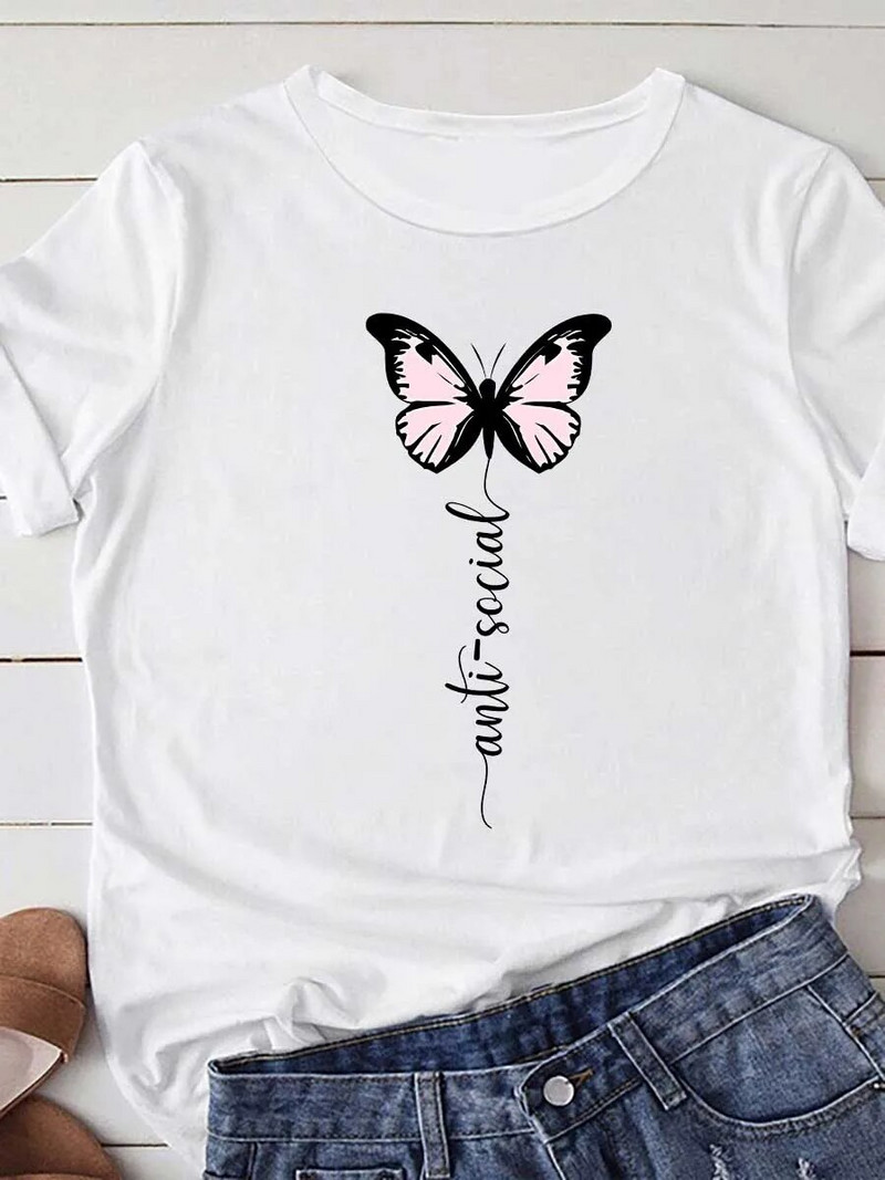 Γυναικείο T-Shirt Plus Size Loose Top με στάμπα με πεταλούδα με στρογγυλή λαιμόκοψη και μοντέρνο casual μπλουζάκι με κάτω