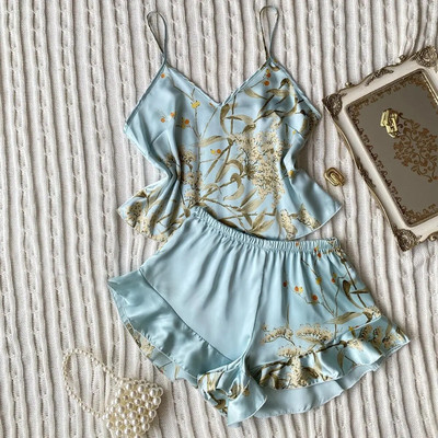 Rochie cu imprimeu Set de dormit, cu decolteu în V, halat de baie din satin pentru femei, cămașă de noapte, îmbrăcăminte de noapte cu bretele Top și pantaloni scurți, costum de pijama, haine de vară acasă