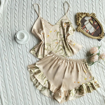 Rochie cu imprimeu Set de dormit, cu decolteu în V, halat de baie din satin pentru femei, cămașă de noapte, îmbrăcăminte de noapte cu bretele Top și pantaloni scurți, costum de pijama, haine de vară acasă