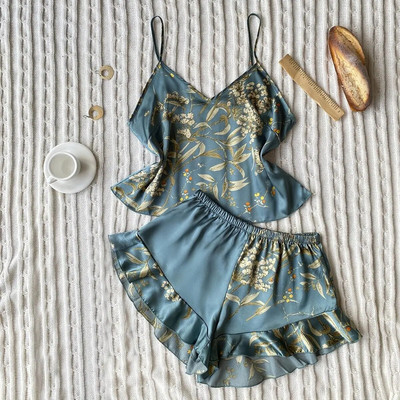 Rochie cu imprimeu Set de dormit, cu decolteu în V, halat de baie din satin pentru femei, cămașă de noapte, îmbrăcăminte de noapte cu bretele Top și pantaloni scurți, costum de pijama, haine de vară acasă