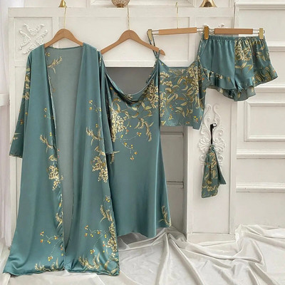 Rochie cu imprimeu Set de dormit, cu decolteu în V, halat de baie din satin pentru femei, cămașă de noapte, îmbrăcăminte de noapte cu bretele Top și pantaloni scurți, costum de pijama, haine de vară acasă