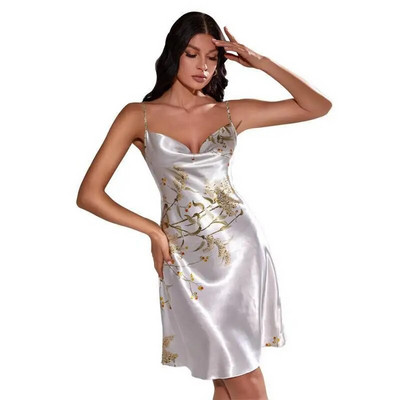 Rochie cu imprimeu Set de dormit, cu decolteu în V, halat de baie din satin pentru femei, cămașă de noapte, îmbrăcăminte de noapte cu bretele Top și pantaloni scurți, costum de pijama, haine de vară acasă