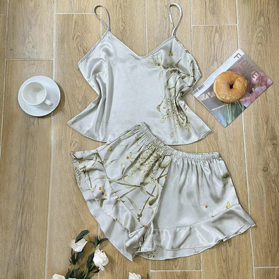 Rochie cu imprimeu Set de dormit, cu decolteu în V, halat de baie din satin pentru femei, cămașă de noapte, îmbrăcăminte de noapte cu bretele Top și pantaloni scurți, costum de pijama, haine de vară acasă