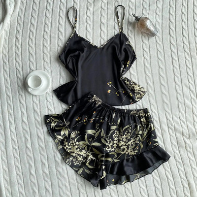 Rochie cu imprimeu Set de dormit, cu decolteu în V, halat de baie din satin pentru femei, cămașă de noapte, îmbrăcăminte de noapte cu bretele Top și pantaloni scurți, costum de pijama, haine de vară acasă