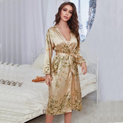 Rochie cu imprimeu Set de dormit, cu decolteu în V, halat de baie din satin pentru femei, cămașă de noapte, îmbrăcăminte de noapte cu bretele Top și pantaloni scurți, costum de pijama, haine de vară acasă