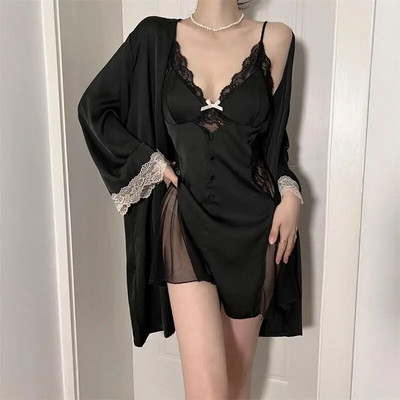 Ljetni čipkasti kimono komplet ogrtača za kupanje Seksi komplet ogrtača s dva komada spavaćica Donje rublje Ženska svilenkasta satenska spavaćica Noćna odjeća Salonska odjeća
