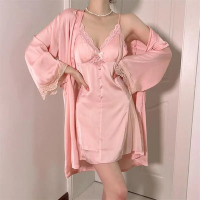 Ljetni čipkasti kimono komplet ogrtača za kupanje Seksi komplet ogrtača s dva komada spavaćica Donje rublje Ženska svilenkasta satenska spavaćica Noćna odjeća Salonska odjeća
