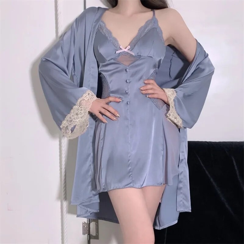 Ljetni čipkasti kimono komplet ogrtača za kupanje Seksi komplet ogrtača s dva komada spavaćica Donje rublje Ženska svilenkasta satenska spavaćica Noćna odjeća Salonska odjeća