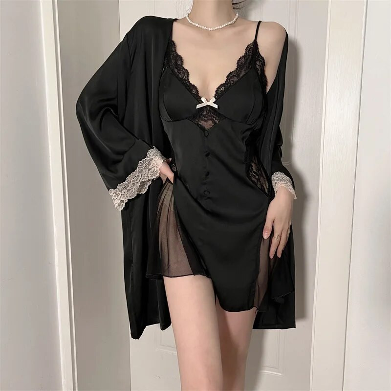 Ljetni čipkasti kimono komplet ogrtača za kupanje Seksi komplet ogrtača s dva komada spavaćica Donje rublje Ženska svilenkasta satenska spavaćica Noćna odjeća Salonska odjeća