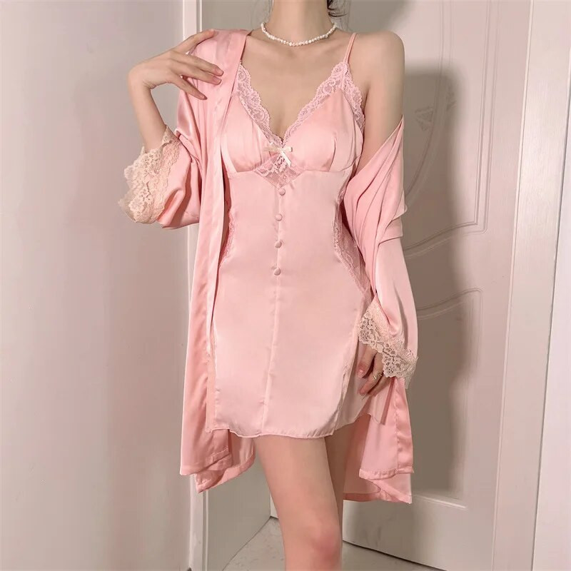 Ljetni čipkasti kimono komplet ogrtača za kupanje Seksi komplet ogrtača s dva komada spavaćica Donje rublje Ženska svilenkasta satenska spavaćica Noćna odjeća Salonska odjeća