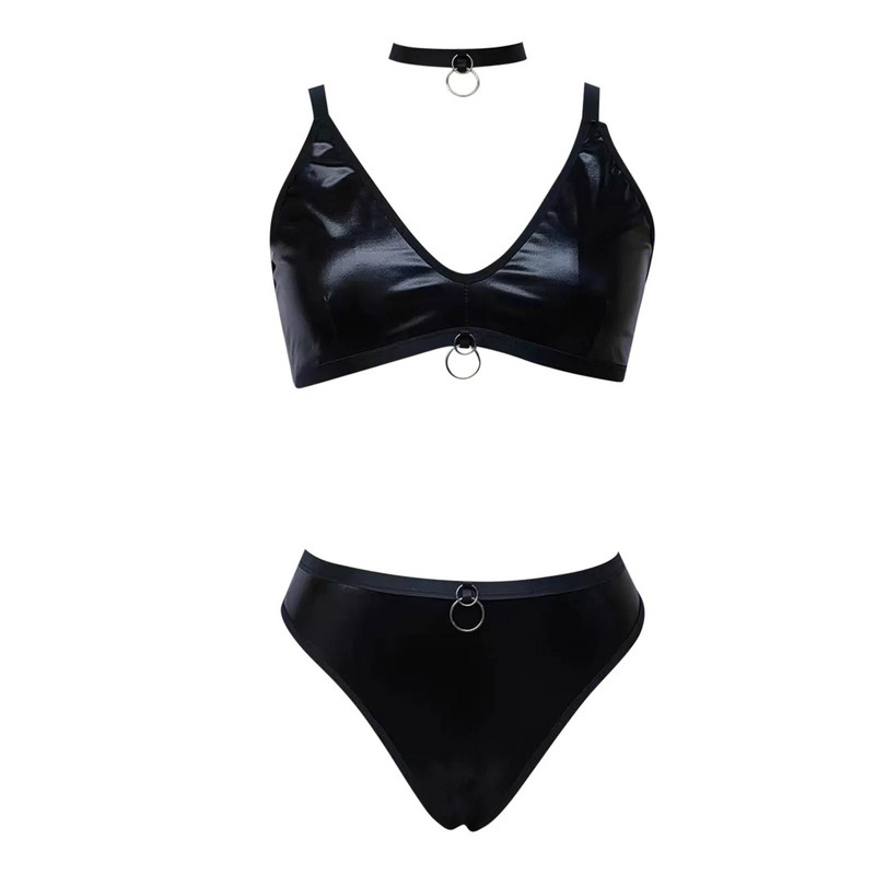 Plieninis Pu odinis apatinis apatinis trikotažas moterims didesnio dydžio apatinio trikotažo rinkinys Egzotiškas trijų dalių apatinis trikotažas, kontrastingas nėriniuotas apatinis trikotažas moterims