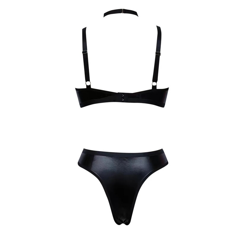Plieninis Pu odinis apatinis apatinis trikotažas moterims didesnio dydžio apatinio trikotažo rinkinys Egzotiškas trijų dalių apatinis trikotažas, kontrastingas nėriniuotas apatinis trikotažas moterims