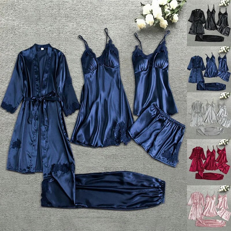 Női szatén selyem pizsama szett 5 részes köntös hálóing rövidnadrág nadrág hálóruha Női szexi esküvői hálóruha Otthoni viselet éjszakai
